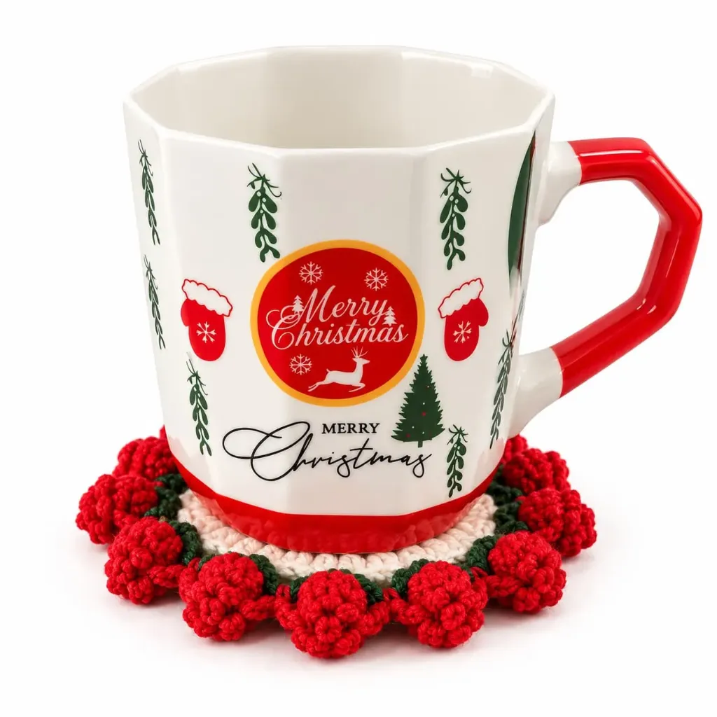 Taza Navideña y Posavaso Tejido a Mano de 13 cm