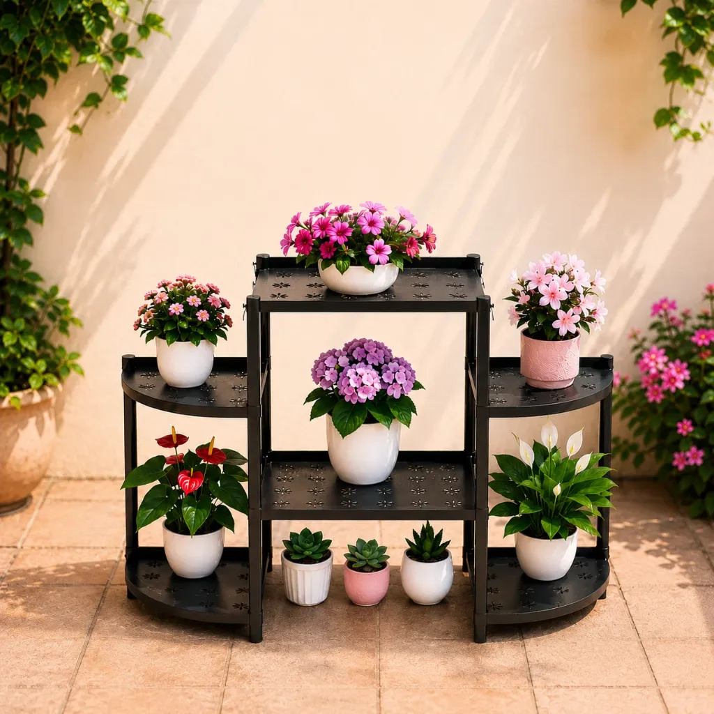 Porta Macetas de Plástico con Soportes Metálicos para Interior y Exterior Negro